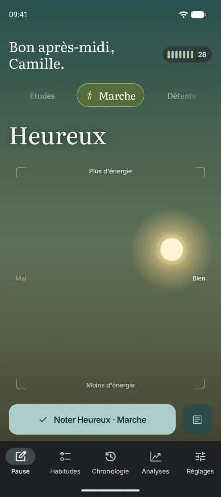 Moments pour Android sur un téléphone : le point dans le ciel avec Heureux et Marche choisis et un bouton pour l'enregistrer.
