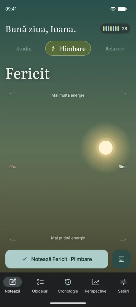 Moments pentru Android pe un telefon: notarea pe cer cu Fericit și Plimbare alese și un buton de salvare.