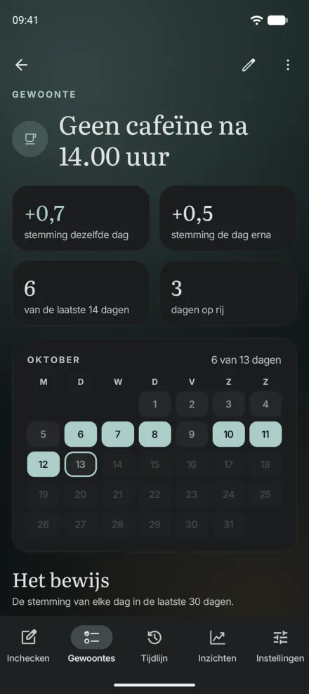 Een gewoonte in Moments voor Android, Geen cafeïne na 14:00, met het effect op je stemming dezelfde dag en de dag erna en een kalender van de gelogde dagen.