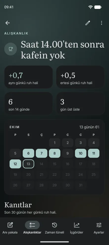 Android için Moments'ta bir alışkanlık, 14:00'ten sonra kafein yok; aynı gün ve ertesi gün ruh haline etkisi ve kaydedilen günlerin takvimi.