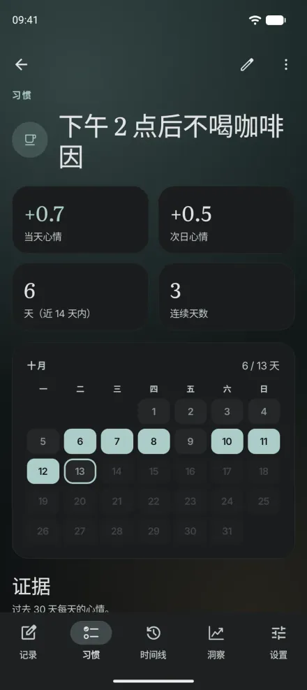 Android 版 Moments 中的习惯“下午 2 点后不喝咖啡”，显示当天和次日的心情影响，以及记录日期的日历。