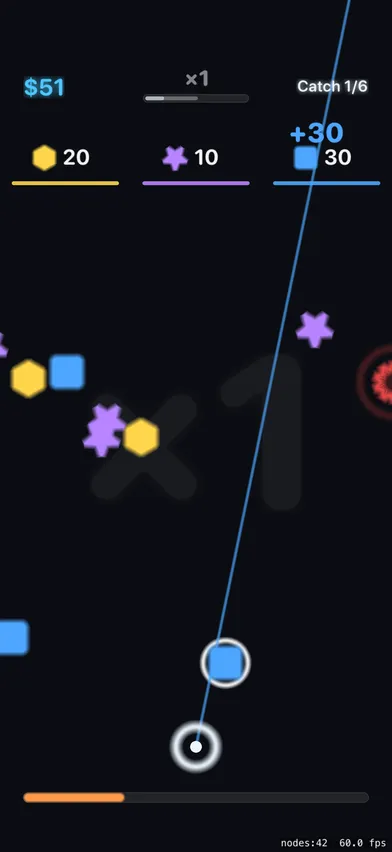 Gameplay — aiming the beam across a field of squares, hexagons and stars toward the multiplier zones.
