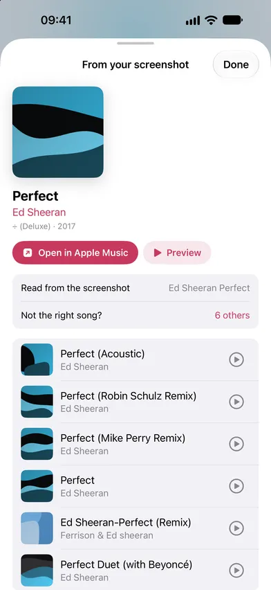 The result with "Not the right song?" expanded into a list of close matches, each with its artwork and a play button.