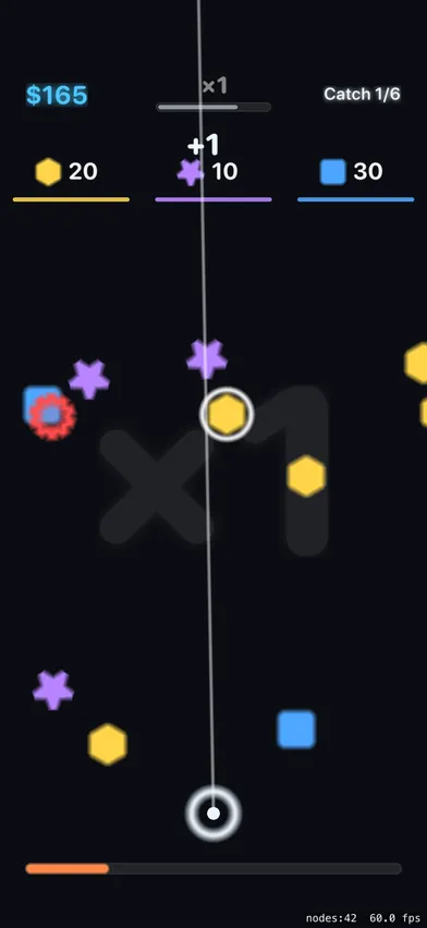 Gameplay — the beam travelling straight up through collected hexagons, with the multiplier backdrop glowing behind.