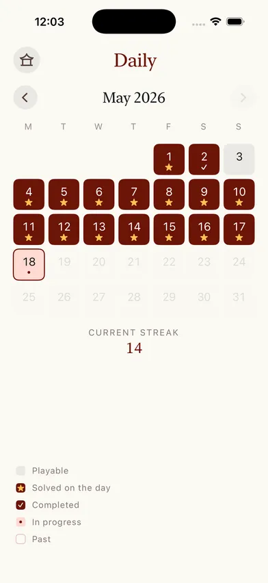 The Daily Challenge calendar tracking a streak.