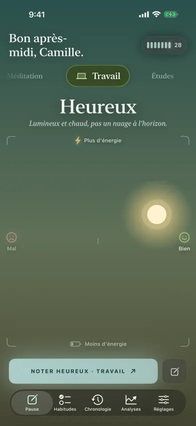 Le point d'humeur de Moments sur iPhone, un ciel où faire glisser le soleil vers le haut signifie plus d'énergie et vers la droite se sentir mieux, avec le choix de l'activité au-dessus.