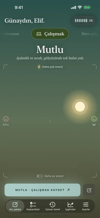 iPhone'da Moments ruh hali check-in'i; güneşi yukarı sürüklemek daha fazla enerji, sağa sürüklemek daha iyi hissetmek anlamına gelen bir gökyüzü ve üstte etkinlik seçici.