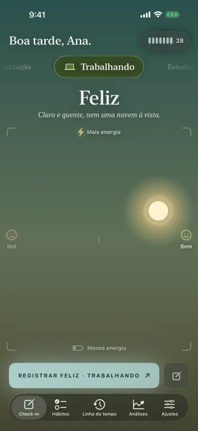 O check-in de humor do Moments no iPhone, um céu em que arrastar o sol para cima significa mais energia e para a direita significa se sentir melhor, com a escolha da atividade acima.