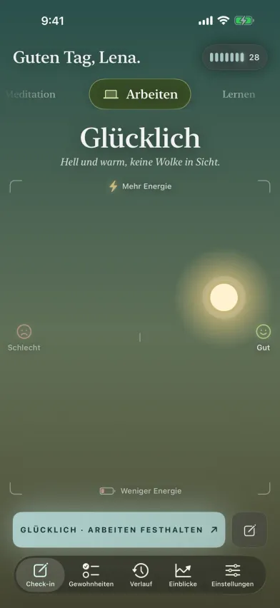 Der Stimmungs-Check-in von Moments auf dem iPhone, ein Himmel, auf dem die Sonne nach oben mehr Energie und nach rechts bessere Stimmung bedeutet, darüber die Auswahl der Aktivität.