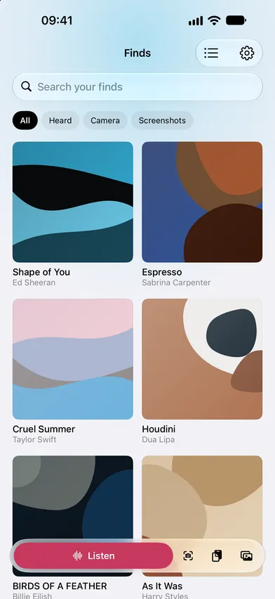 The Finds library as a two-column grid of album covers, with the find bar along the bottom.
