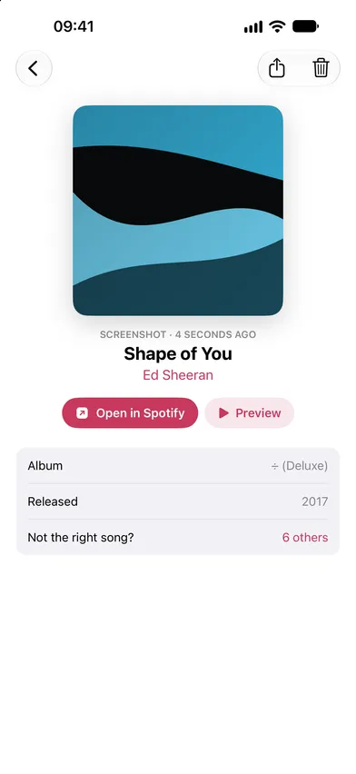 A saved find, with its cover, an Open in Spotify button, a Preview button, and the album, release year and other matches below.