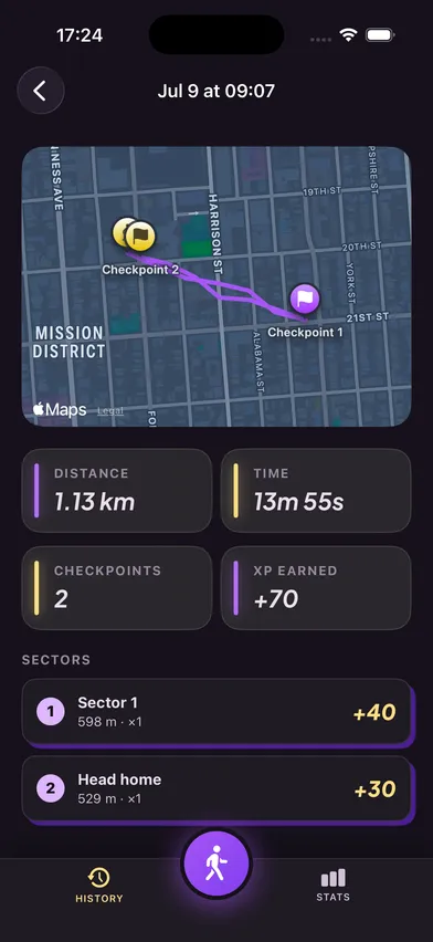 An adventure detail — the walked GPS trail drawn across the map with checkpoints and distance, time and XP.