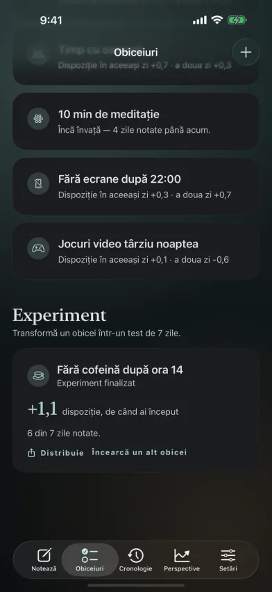 Un experiment de 7 zile încheiat în Moments, cu starea mai bună cu +1,1 de la renunțarea la cafeină după ora 14, și un buton de partajare.