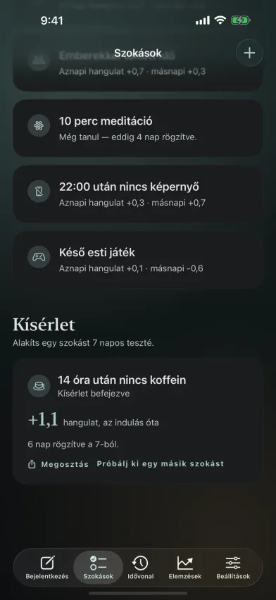 Egy befejezett 7 napos kísérlet a Momentsben, amely +1,1-es hangulatjavulást mutat, mióta nincs koffein délután 2 után, megosztás gombbal.