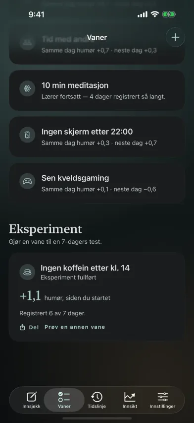 Et fullført 7-dagers eksperiment i Moments viser humøret +1,1 siden slutt på koffein etter kl. 14, med en deleknapp.