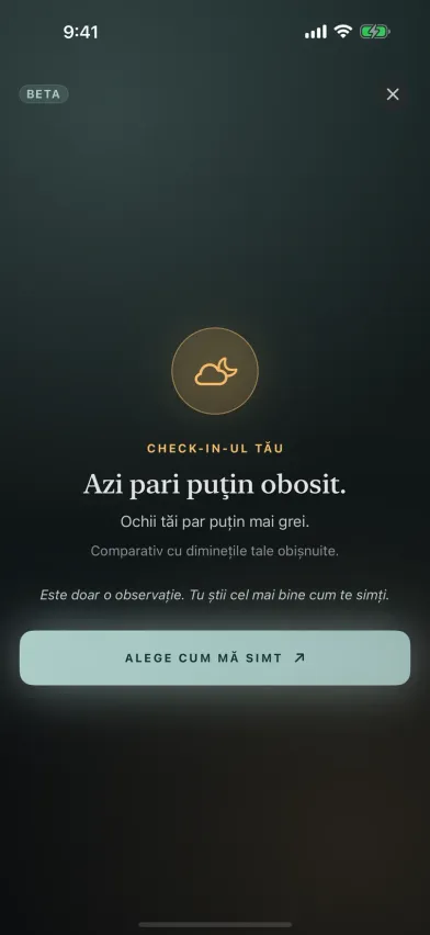 Rezultatul verificării feței în Moments, o notare cu camera în beta care spune că azi pari puțin mai obosit decât în după-amiezile tale obișnuite.