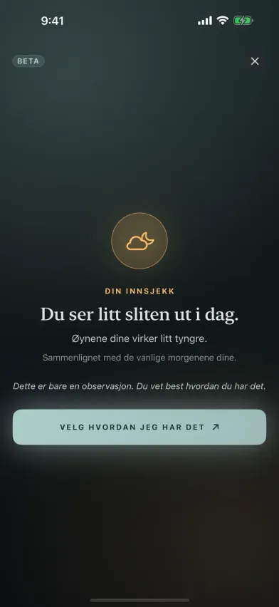 Resultatet av ansiktssjekk i Moments, en kamerainnsjekk i beta som sier at du ser litt mer sliten ut i dag enn på de vanlige ettermiddagene dine.