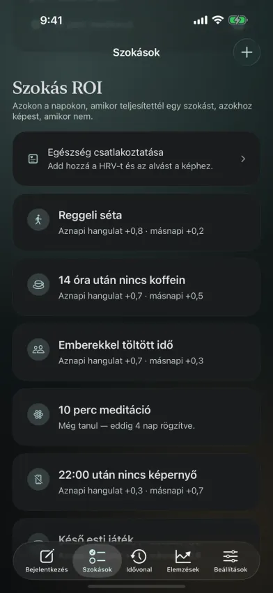 A Moments Szokás ROI képernyője iPhone-on, amely megmutatja minden szokás hatását a hangulatra aznap és másnap, például +0,7 a másokkal töltött időre.