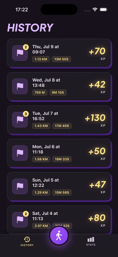 The History screen — a log of completed adventures, each with distance, duration and XP earned.