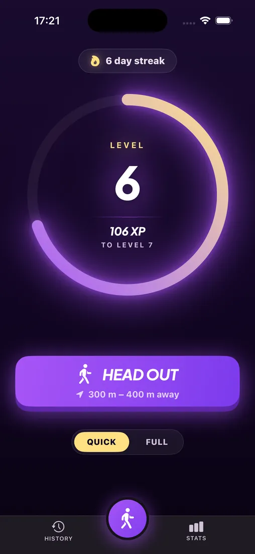 The Home screen — a level ring showing Level 6, a six-day streak, and the Head Out button.