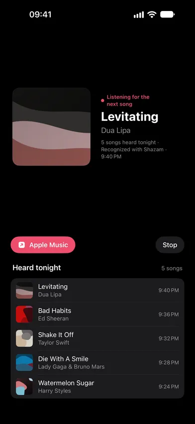 Keep Listening in dark mode, showing the current song with "Listening for the next song" above it and a Heard tonight list of five songs with the time each was heard.