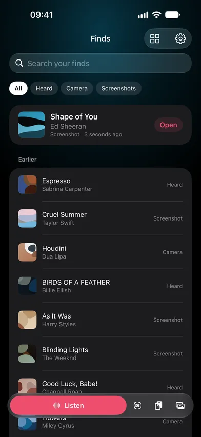 The Finds library in dark mode, each earlier find labelled with how it was found, Heard, Screenshot or Camera.