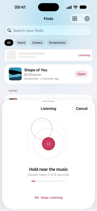 The Listening sheet over the library, asking you to hold the phone near the music, with a progress bar and a Keep Listening button.