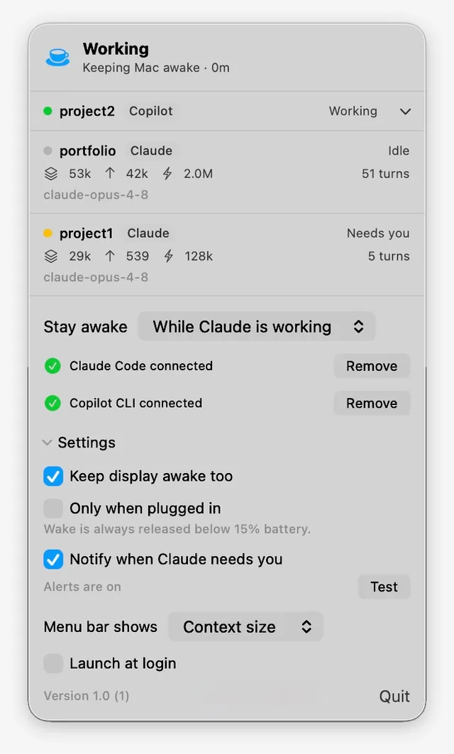 The Nightporter menu-bar panel, showing three live sessions tagged by agent — a Copilot run and two Claude runs — with token counts and turn totals, a "Stay awake while Claude is working" control, green "Claude Code connected" and "Copilot CLI connected" badges, and settings for display sleep, battery and notifications.
