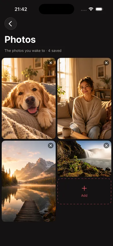 The Photos screen — a curated grid of images you chose, each removable with one tap, and an Add tile.