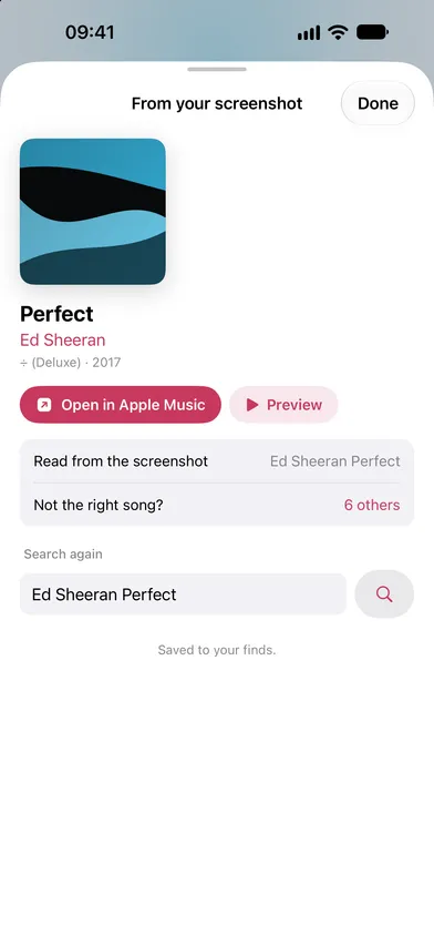 The result from a screenshot, with album artwork, title and artist, Open in Apple Music and Preview buttons, the text read from the screenshot, and a search field to try again.