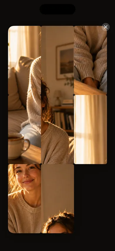 The puzzle almost complete — a warm portrait resolving piece by piece into a whole photo.