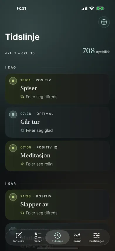 Tidslinjen i Moments med oppføringer i humørdagboken gruppert etter dag, hver merket med aktivitet, energinivå og følelse.