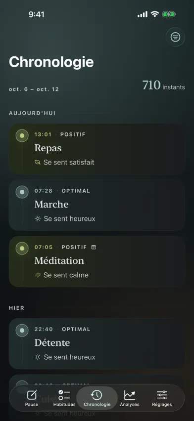 La chronologie de Moments, avec les entrées du journal d'humeur regroupées par jour, chacune avec son activité, son niveau d'énergie et son ressenti.