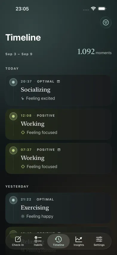 The Timeline screen — moments grouped by day, each tagged with its energy band and feeling.