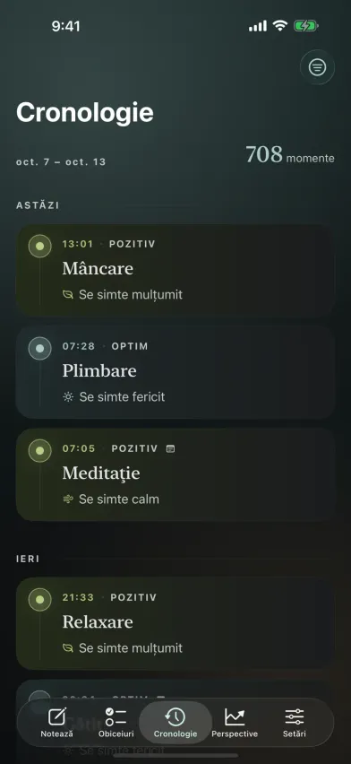 Cronologia din Moments, cu intrări din jurnalul de stare grupate pe zile, fiecare marcată cu activitatea, nivelul de energie și emoția.