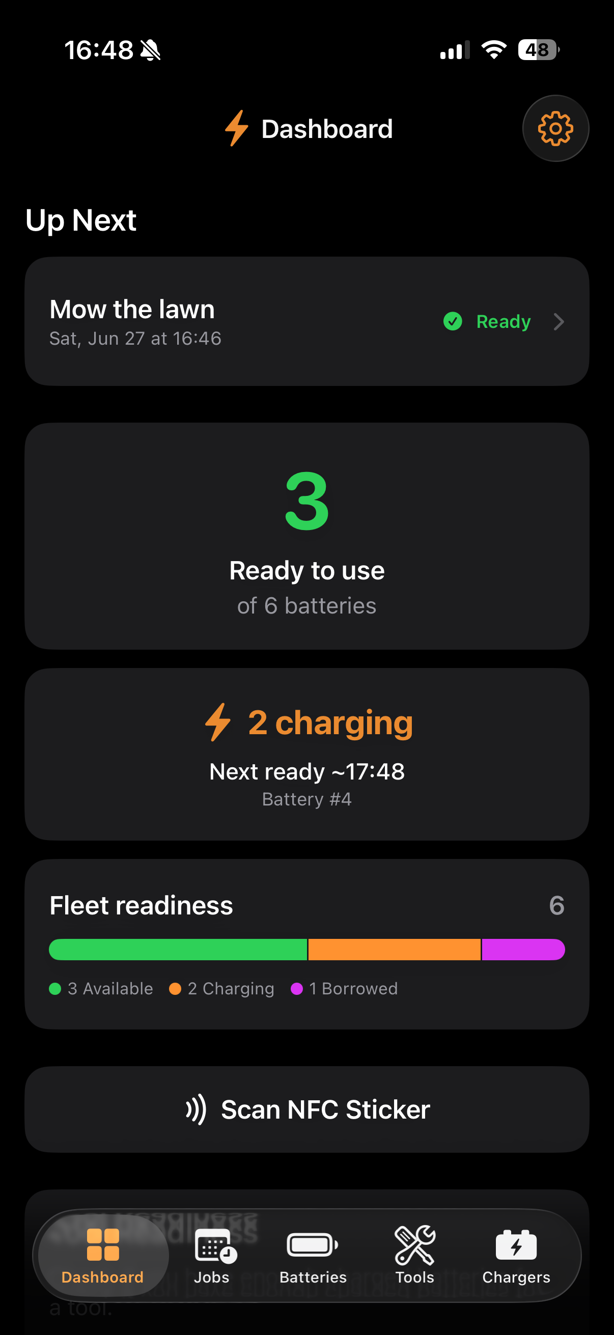 Dashboard showing the next job, how many batteries are ready to use, packs charging and a fleet-readiness bar.