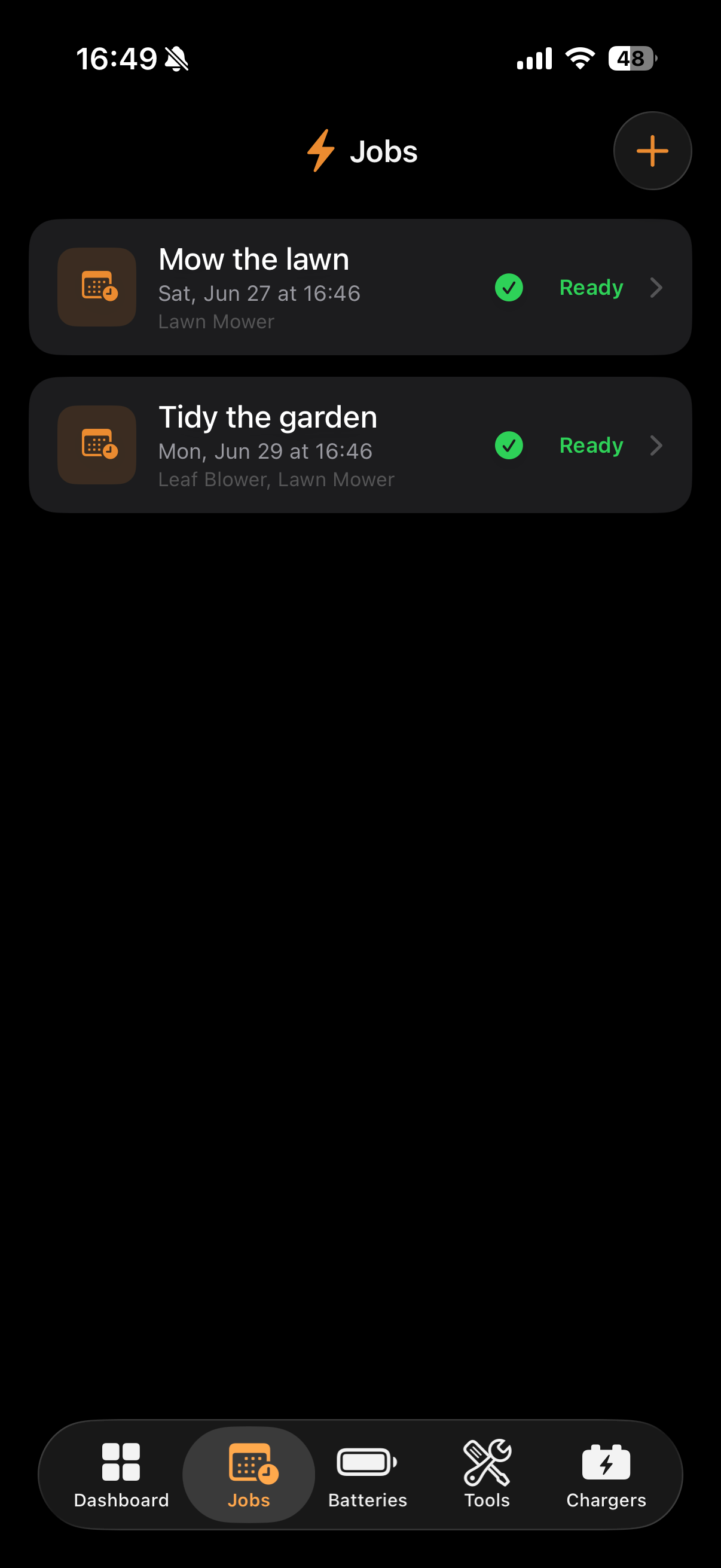 Jobs list showing planned tasks with their dates, required tools and a ready or short status.