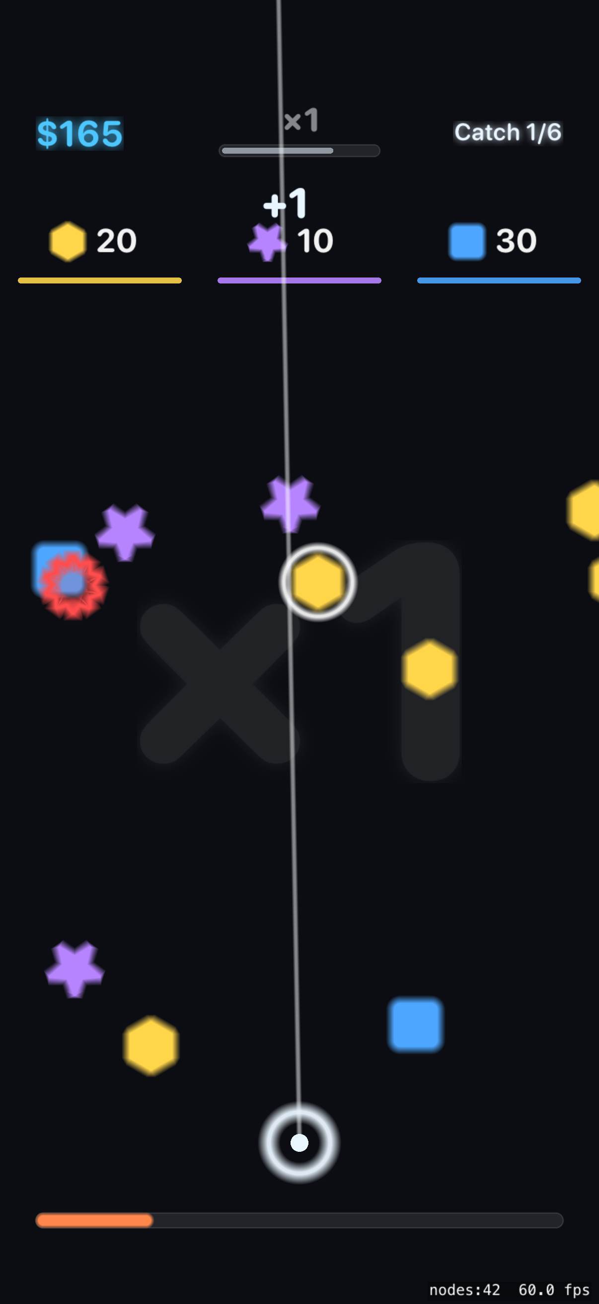 Gameplay — the beam travelling straight up through collected hexagons, with the multiplier backdrop glowing behind.